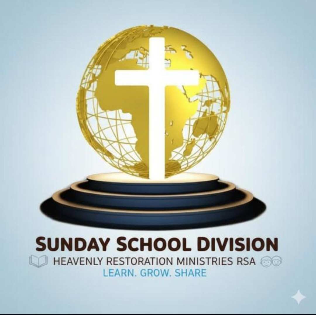 Sunday School Division emblem: golden globe with a white cross above the words Learn, Grow, Share