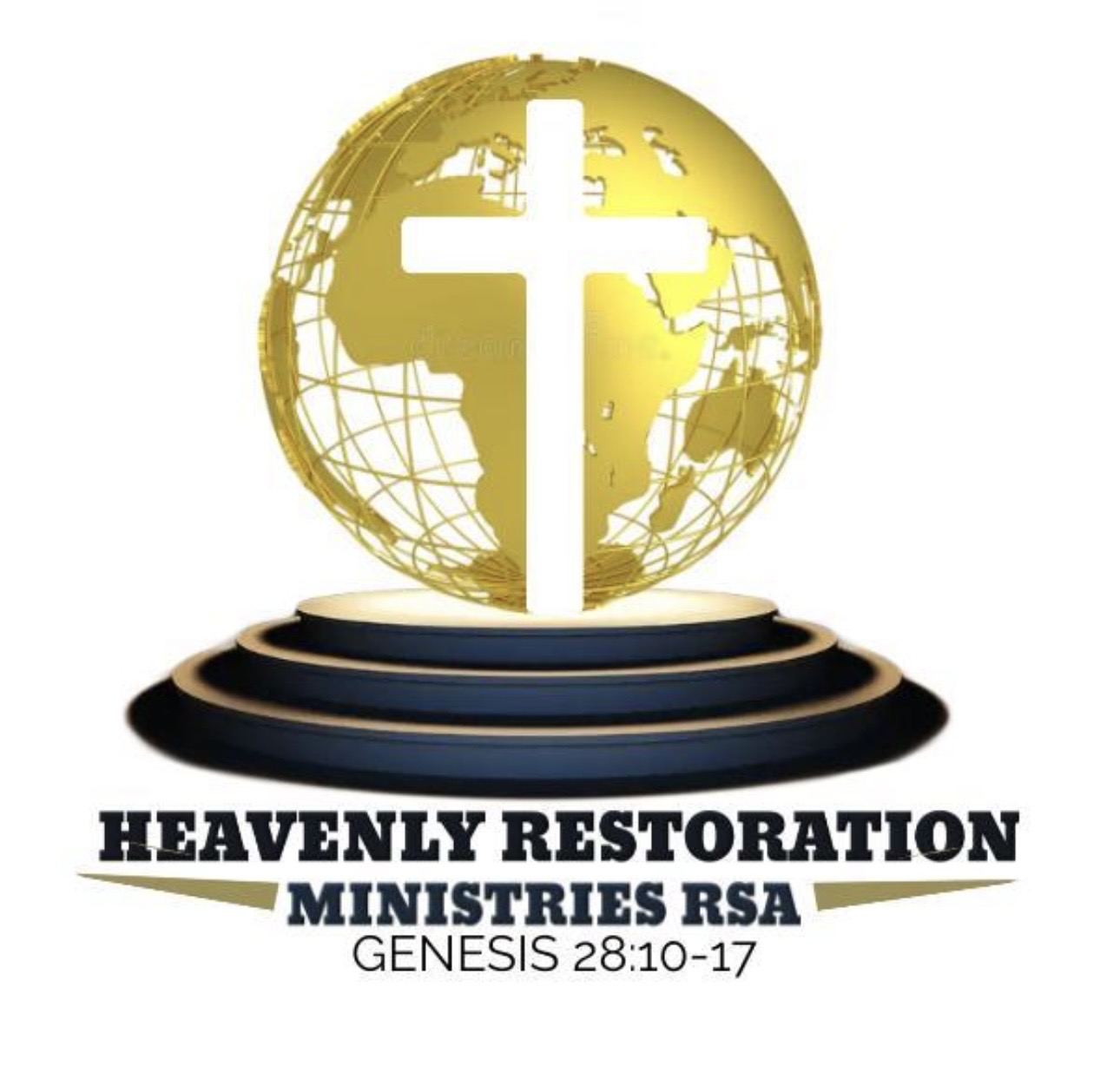 Heavenly Restoration Ministries emblem: a golden globe with a white cross and the church name